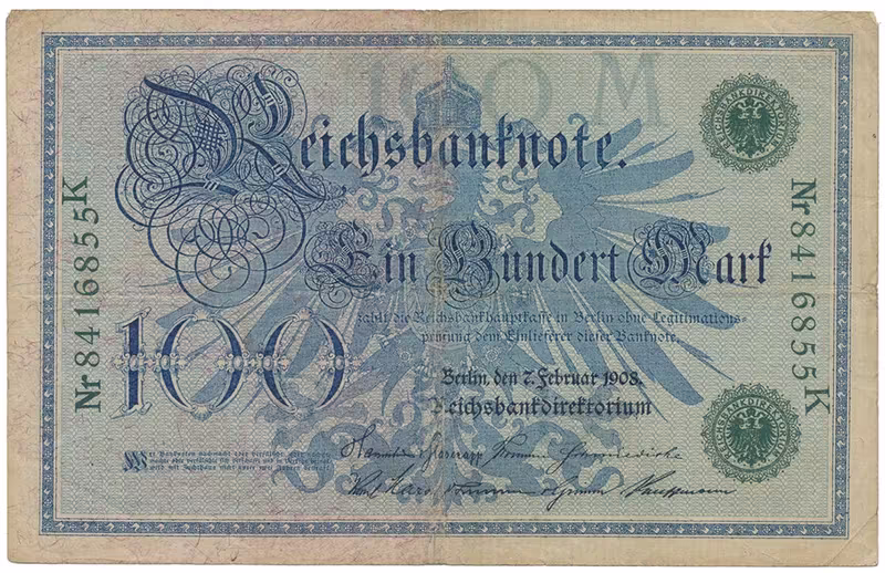 Německo, 100 Mark 1908, zelený číslovač, Ro.34