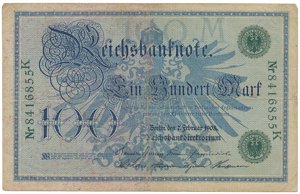 Německo, 100 Mark 1908, zelený číslovač, Ro.34