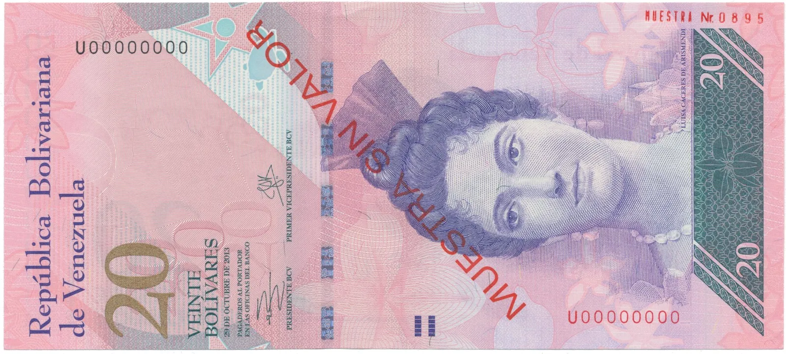Venezuela, 20 Bolivares 2013, anulát - MUESTRA SIN VALOR, P.91fs