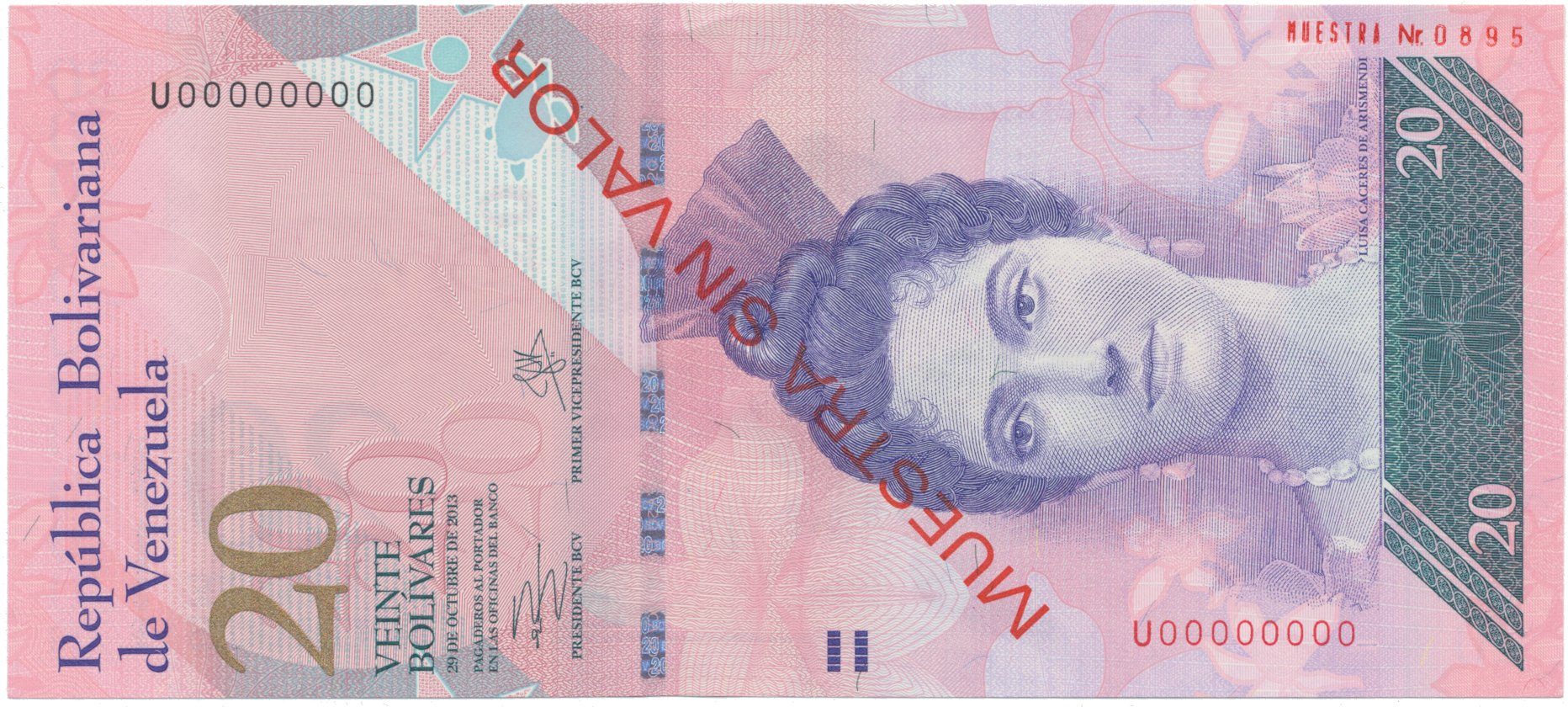 Venezuela, 20 Bolivares 2013, anulát - MUESTRA SIN VALOR, P.91fs
