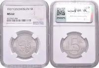 5 Koruna 1927, etue NGC, hodnocení MS 62, luxusní zachovalost_R! — 2