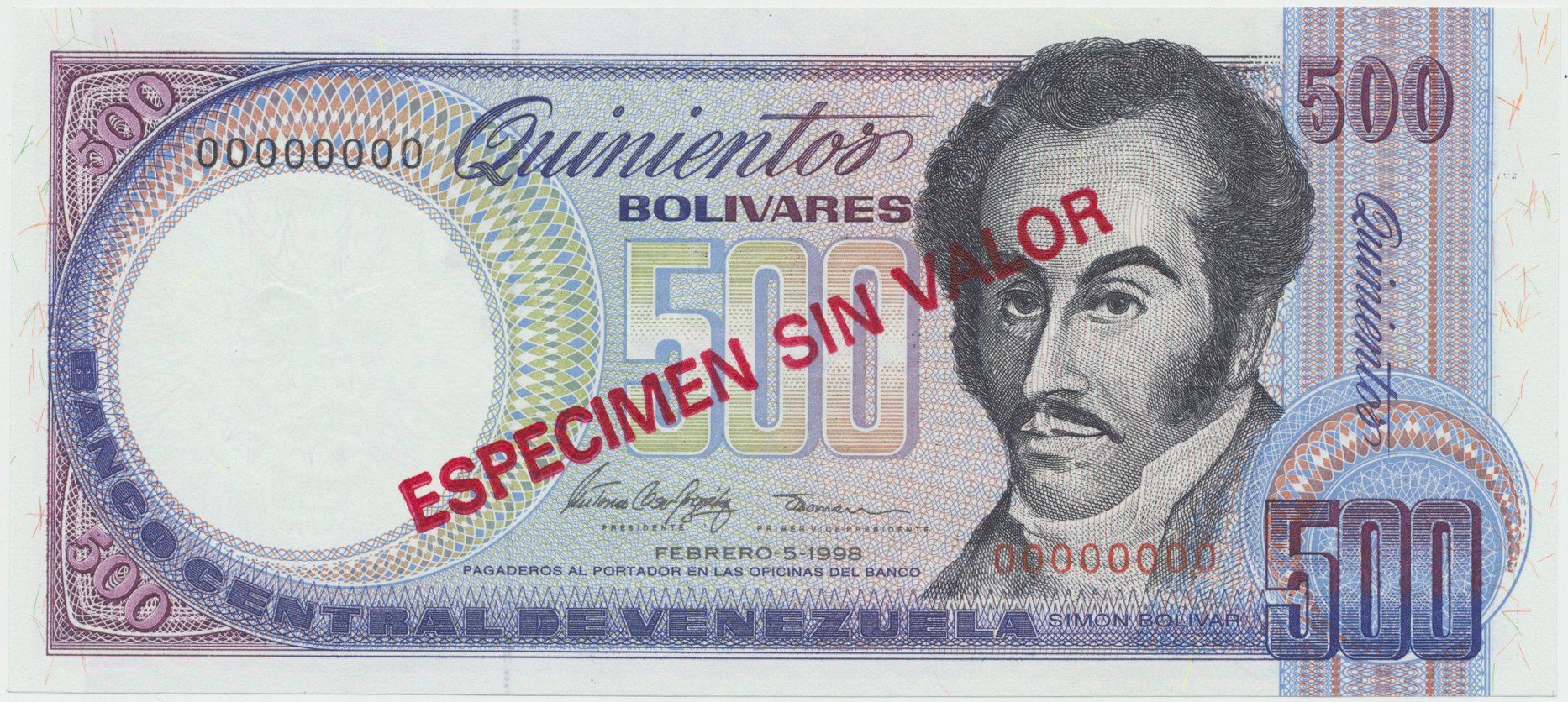 Venezuela, 500 Bolivares 1998, anulát - ESPECIMEN SIN VALOR, P.67fs