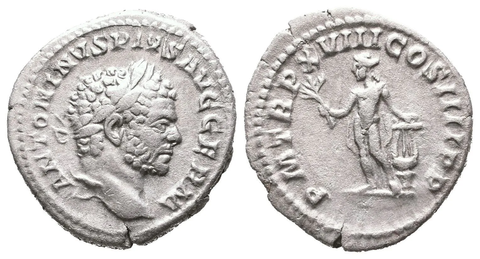 Denár, 215, Rv: P M TR P XVIII COS IIII P P, stojící nahý Apollo zleva drží olivovou — 1