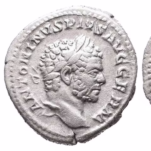 Denár, 215, Rv: P M TR P XVIII COS IIII P P, stojící nahý Apollo zleva drží olivovou