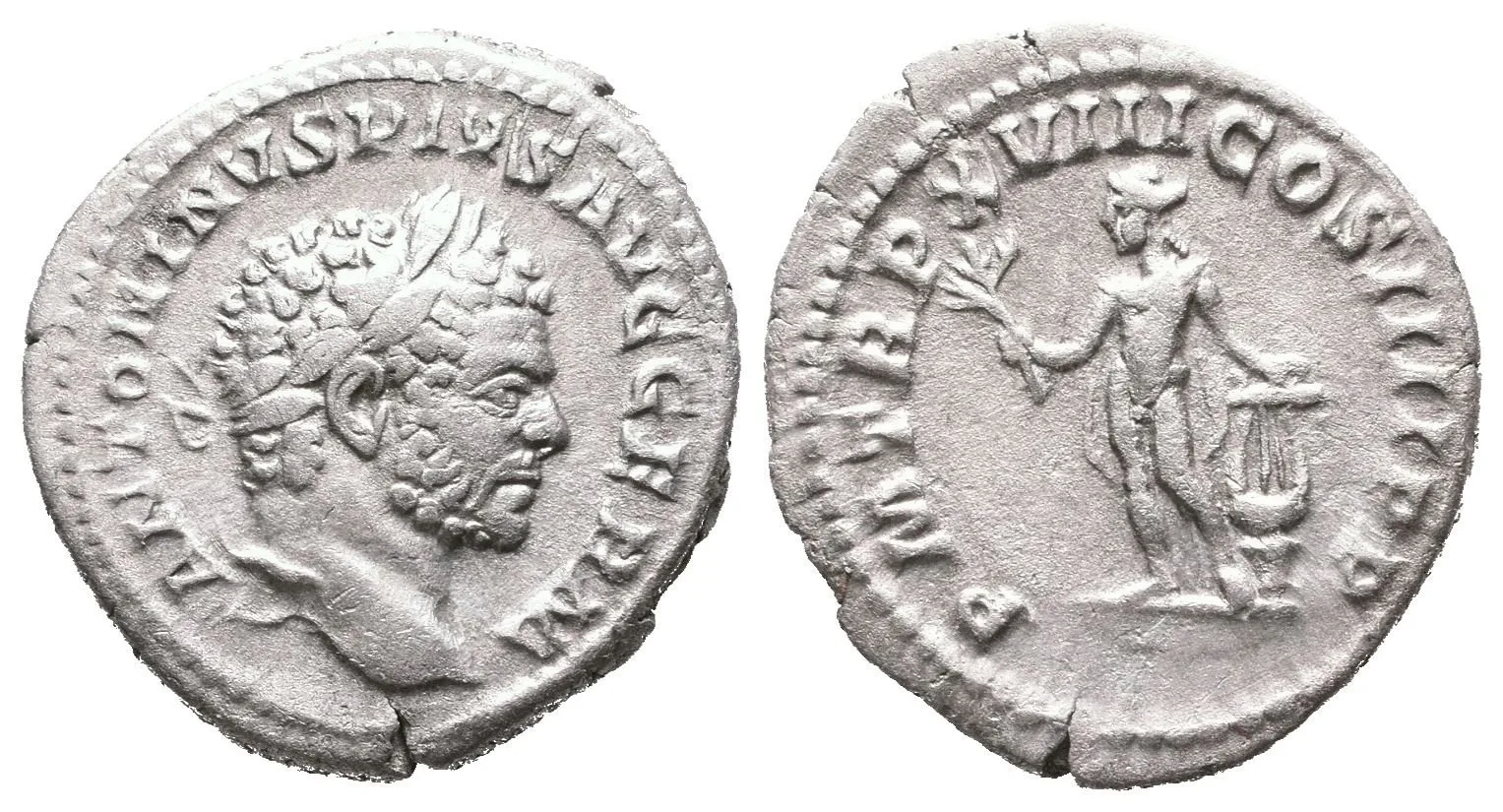 Denár, 215, Rv: P M TR P XVIII COS IIII P P, stojící nahý Apollo zleva drží olivovou — 1