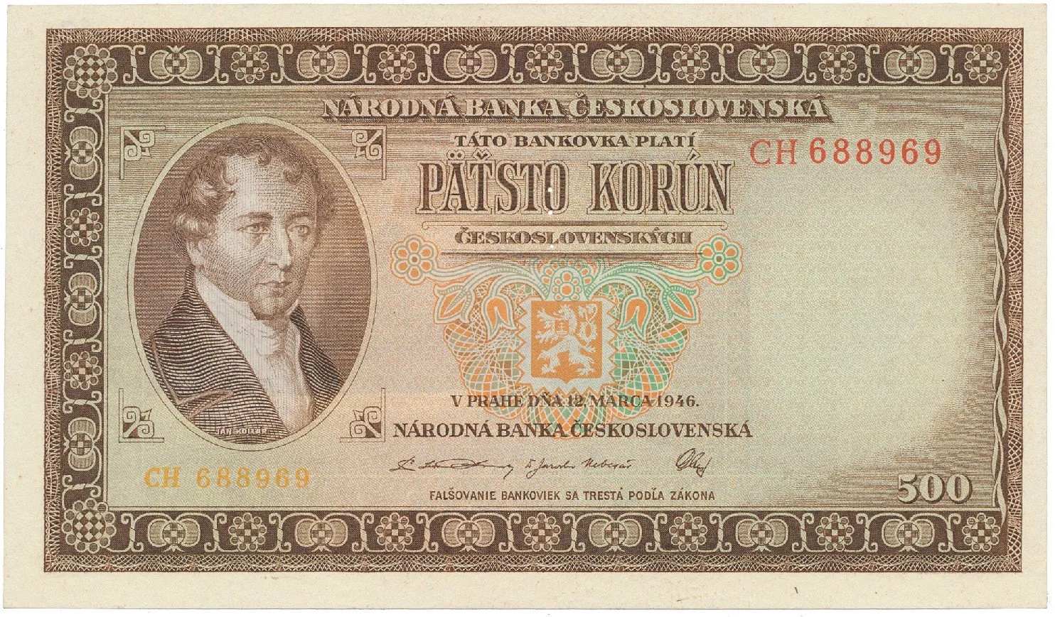500 Koruna 1946, série A-Z (dvoupísmenková CH), perforace 3 m.d., Hej.81a.S1