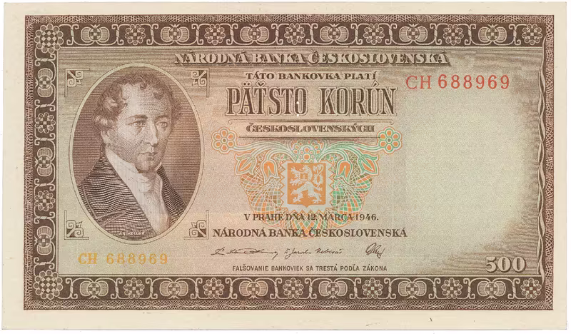 500 Koruna 1946, série A-Z (dvoupísmenková CH), perforace 3 m.d., Hej.81a.S1