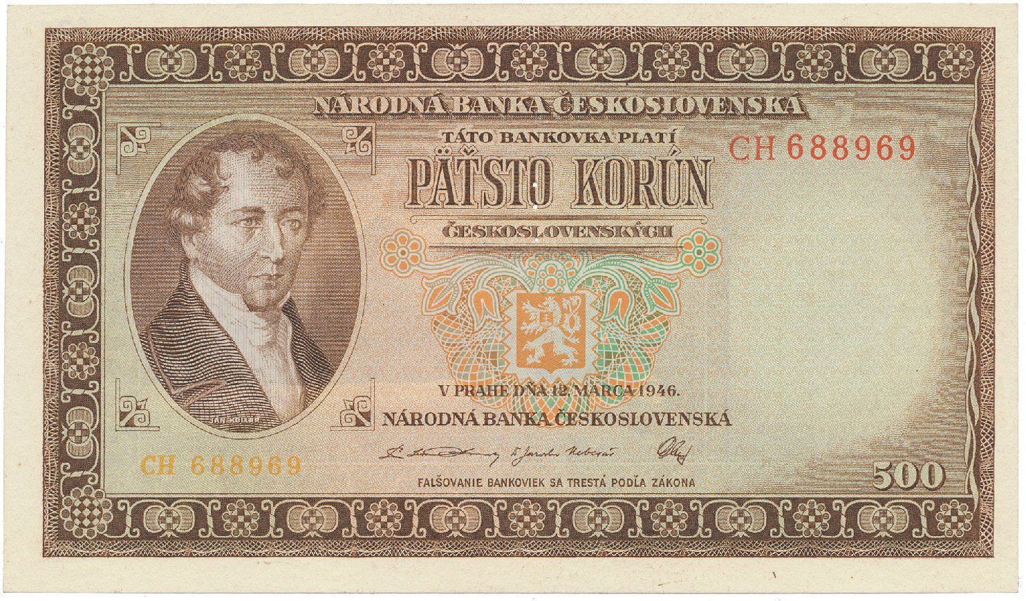 500 Koruna 1946, série A-Z (dvoupísmenková CH), perforace 3 m.d., Hej.81a.S1