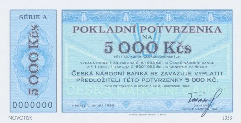 Česká republika, 5000 Kčs 1. 2. 1993, Hej.CZ2, součást kompletu novotisků vytištěných STC Praha, náklad 500 ks