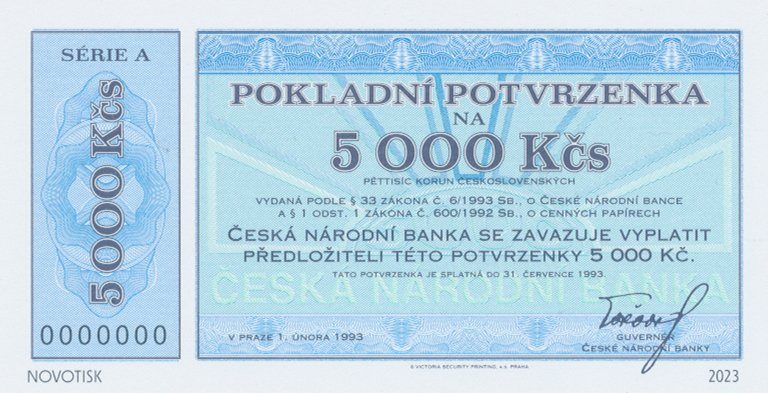 Česká republika, 5000 Kčs 1. 2. 1993, Hej.CZ2, součást kompletu novotisků vytištěných STC Praha, náklad 500 ks