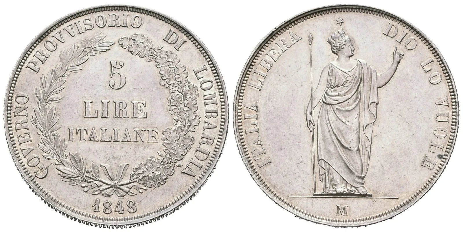 5 Lira 1848 M, Milano, krátké konce ratolestí, hvězda blízko od koruny, Ves.12a, KM.22.3, — 1