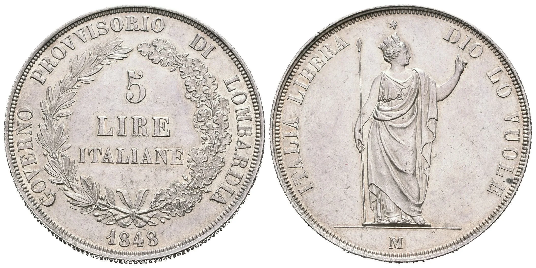 5 Lira 1848 M, Milano, krátké konce ratolestí, hvězda blízko od koruny, Ves.12a, KM.22.3, — 1