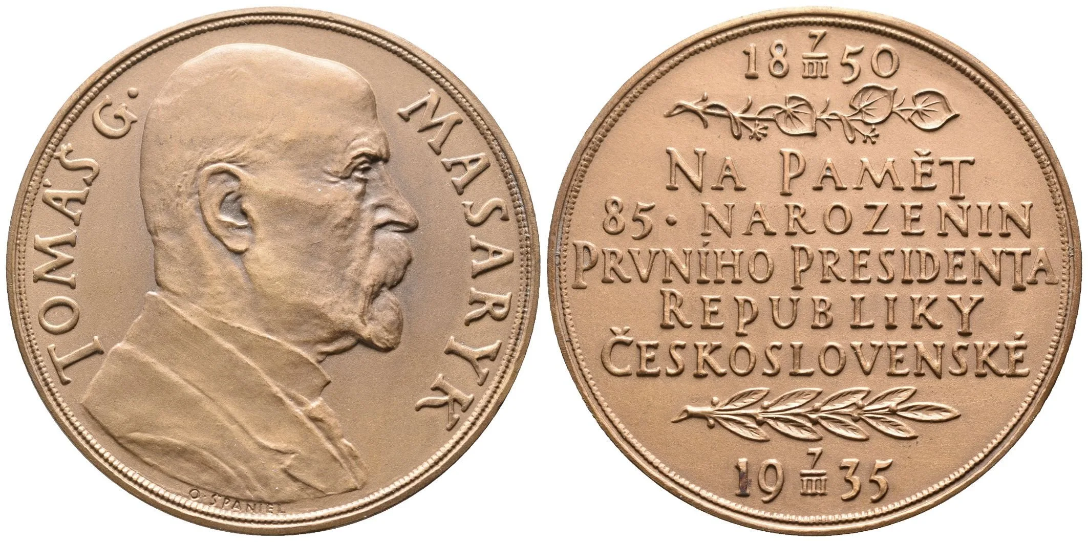 AE Medaile 1935 - K 85. narozeninám T. G. Masaryka. Poprsí T. G. Masaryka zprava, — 1