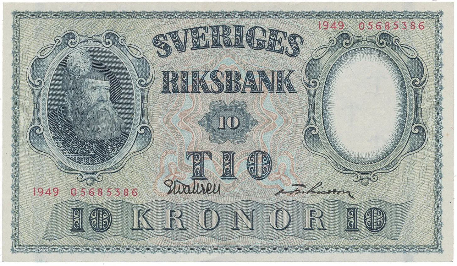 Švédsko, 10 Kronor 1949, červený číslovač, P.40j