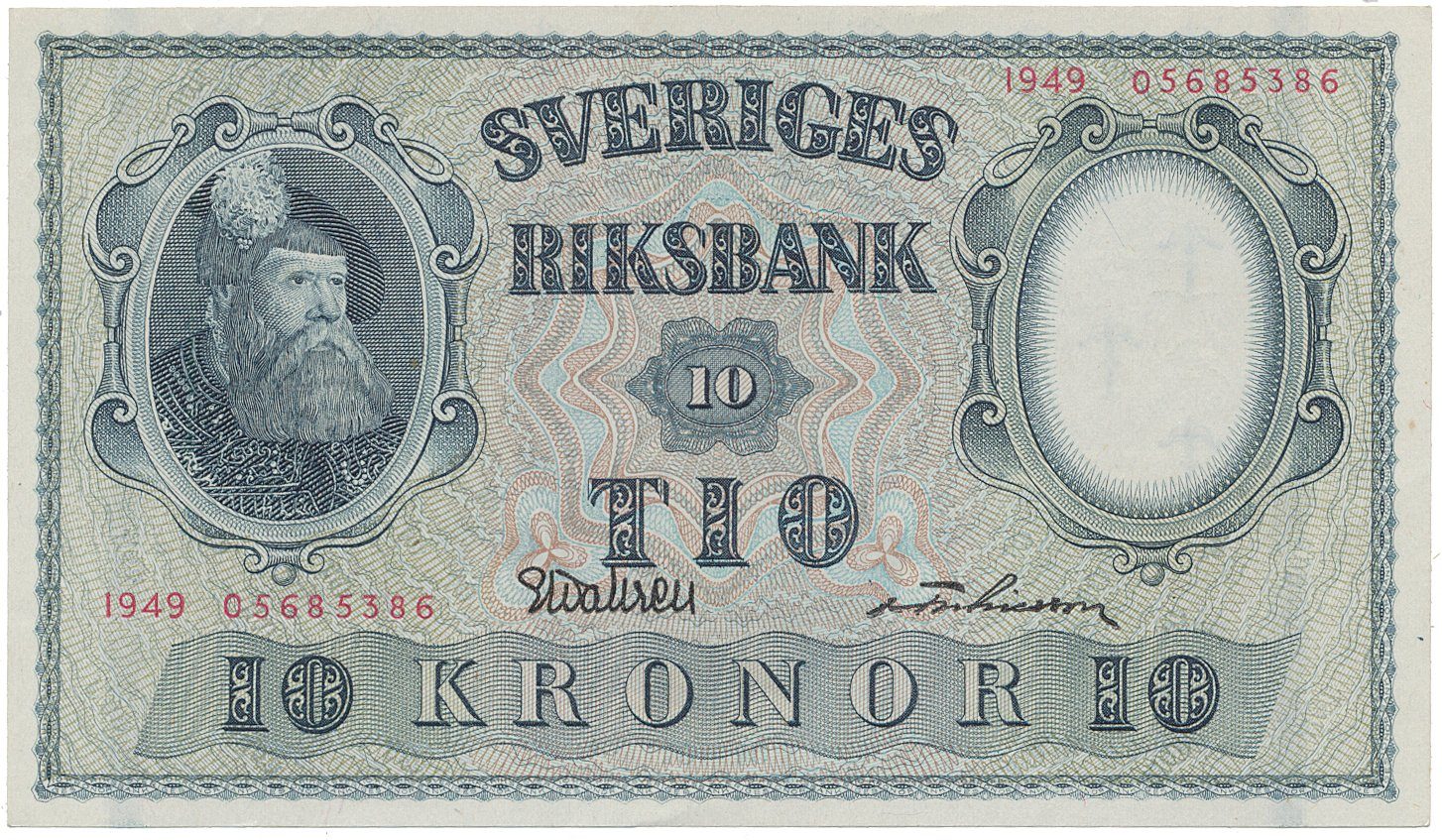 Švédsko, 10 Kronor 1949, červený číslovač, P.40j