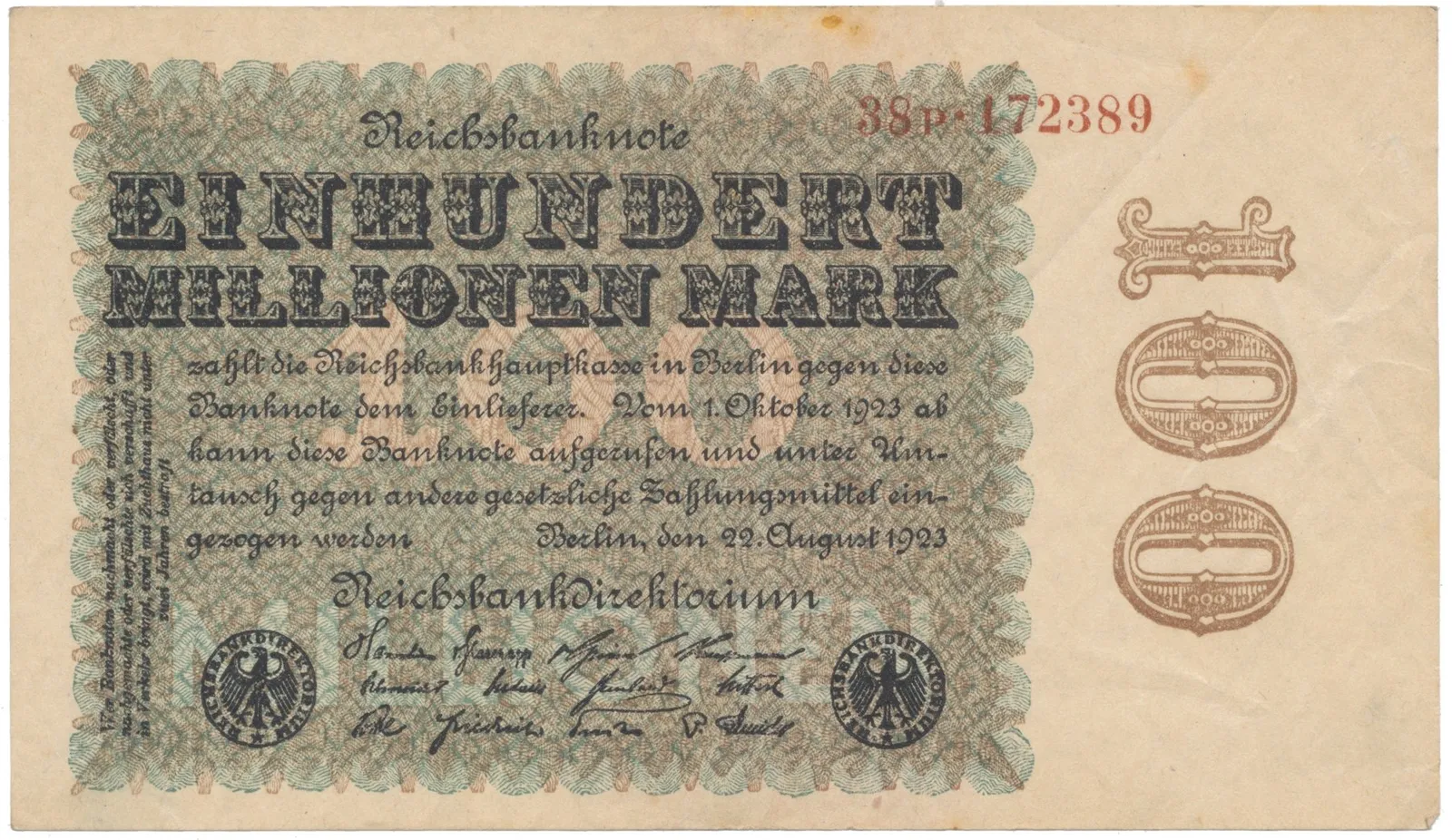 Německo, 100 Millionen Mark 1923, Kreuzblütten, Ro.106J