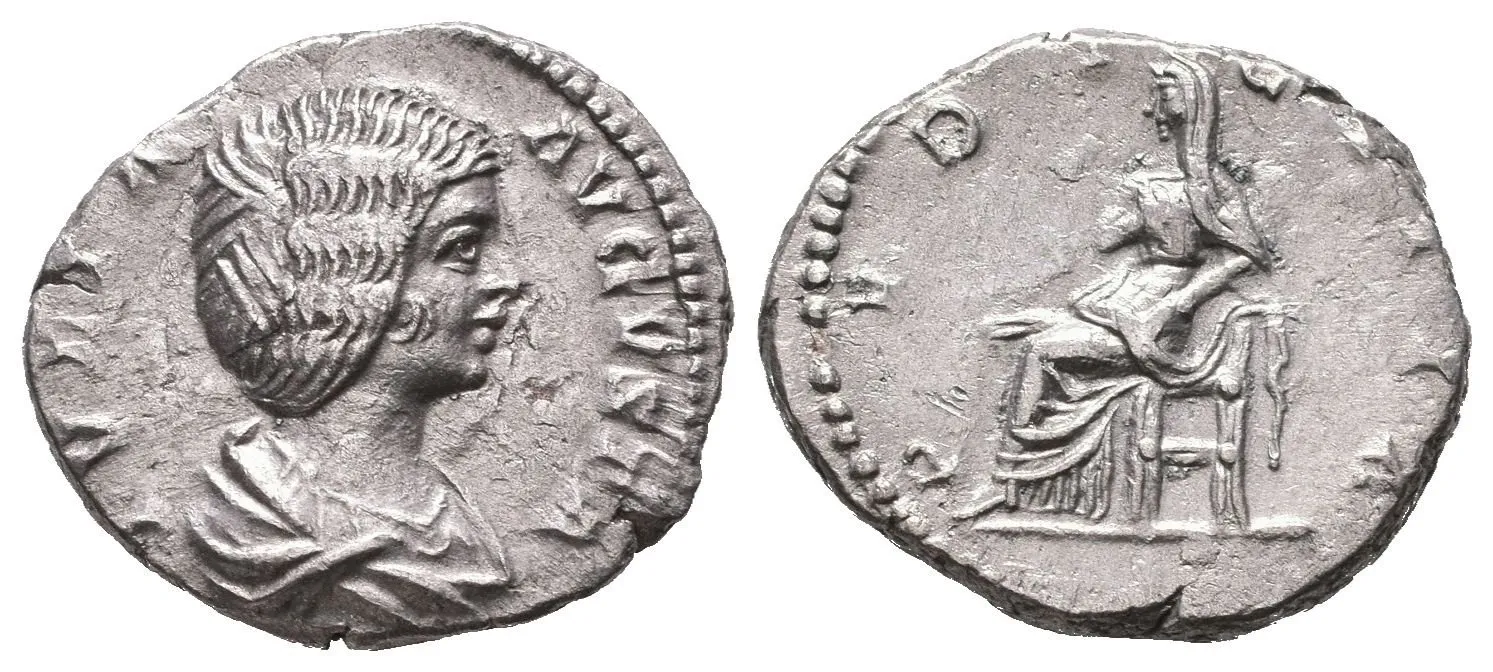 Denár, 196 - 211, Rv: PVDICITIA, sedící Pudicitia zleva má jednu ruku na hrudi, druhou — 1