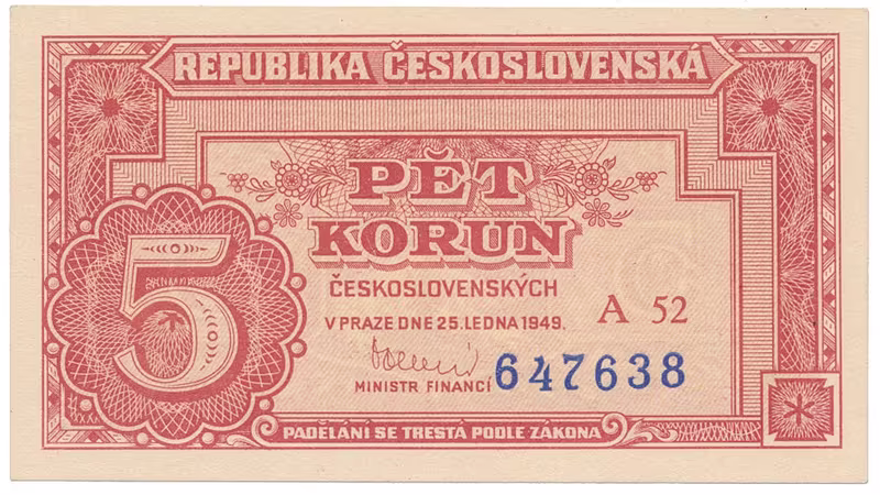 Československo, 5 Koruna 1949, série A 10 - 99, neperforovaná, Hej.83a2