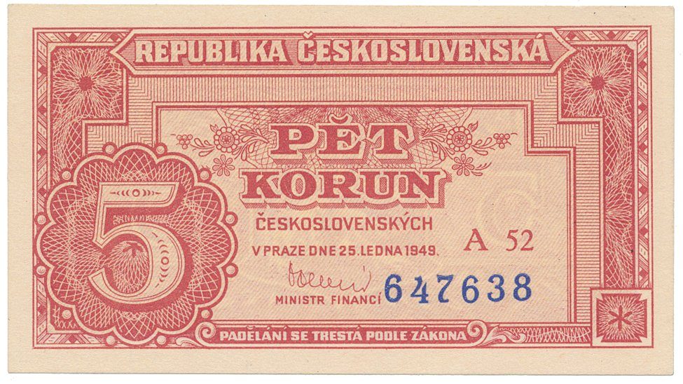 Československo, 5 Koruna 1949, série A 10 - 99, neperforovaná, Hej.83a2