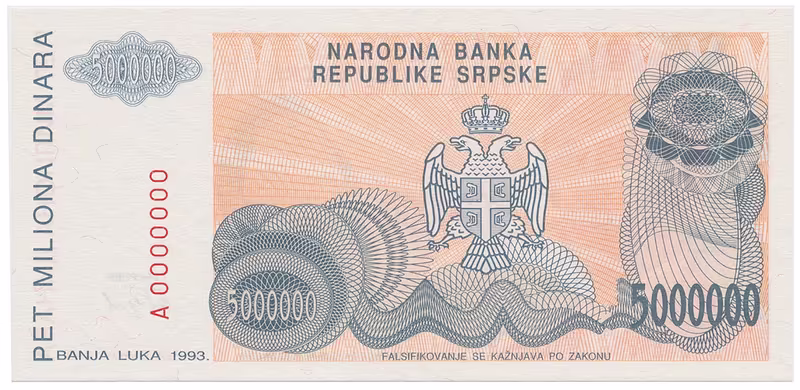 Bosna a Hercegovina, 5 Miliona Dinara 1993, anulát, A 0000000, P.153