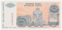 Bosna a Hercegovina, 5 Miliona Dinara 1993, anulát, A 0000000, P.153