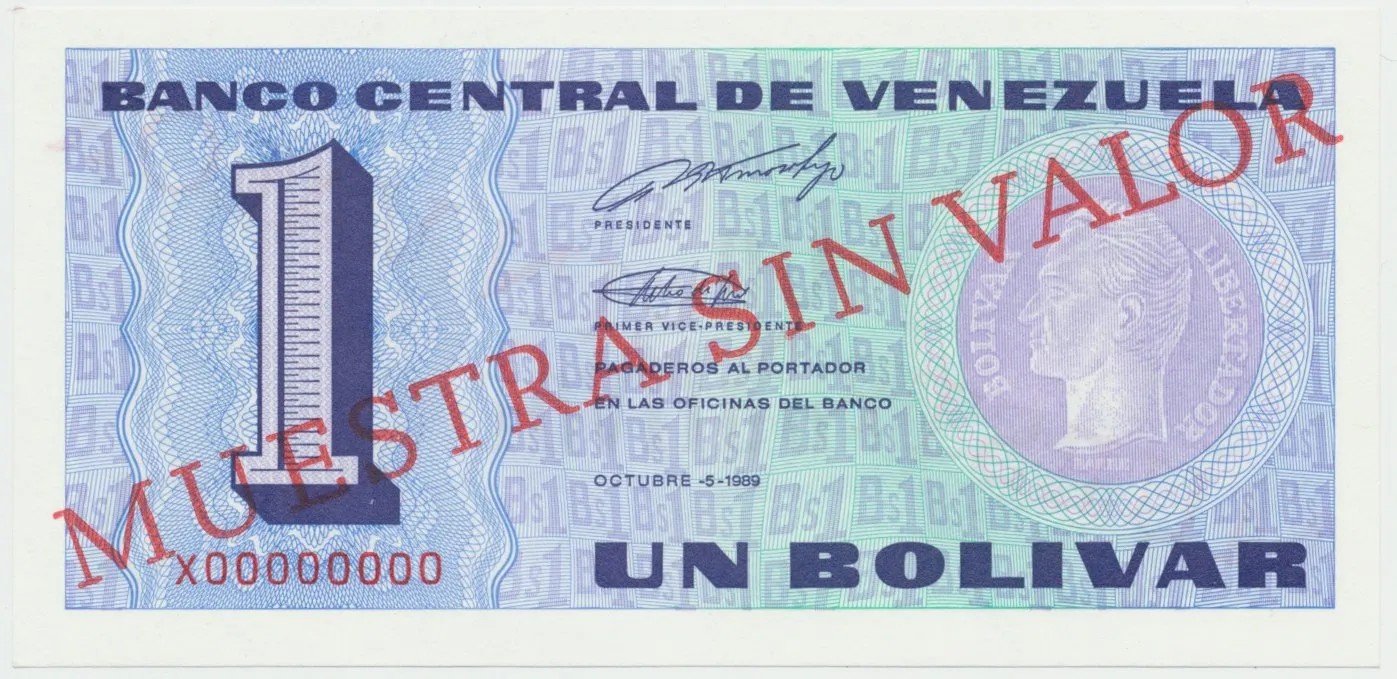 Venezuela, 1 Bolivar 1989, anulát -  MUESTRA SIN VALOR, P.68s