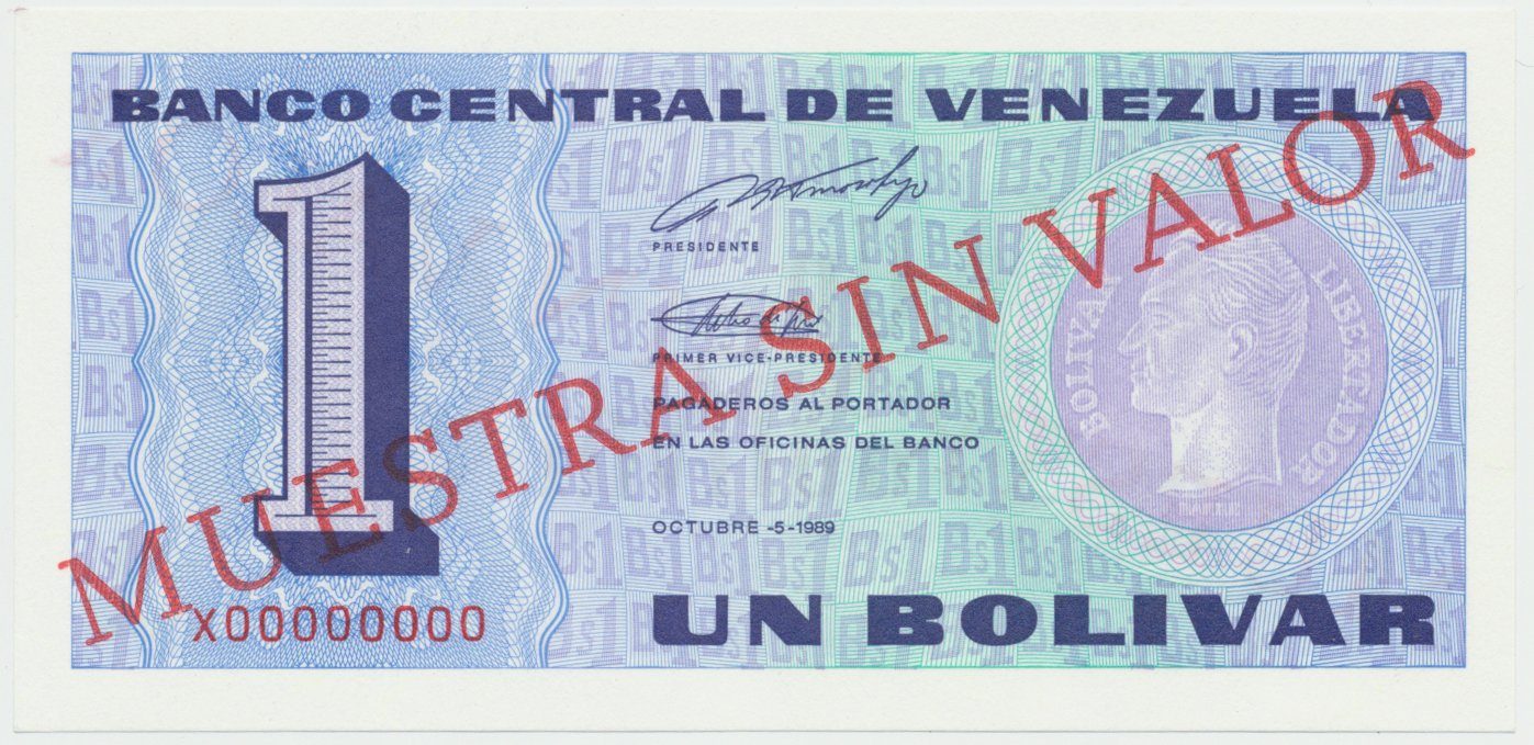 Venezuela, 1 Bolivar 1989, anulát -  MUESTRA SIN VALOR, P.68s