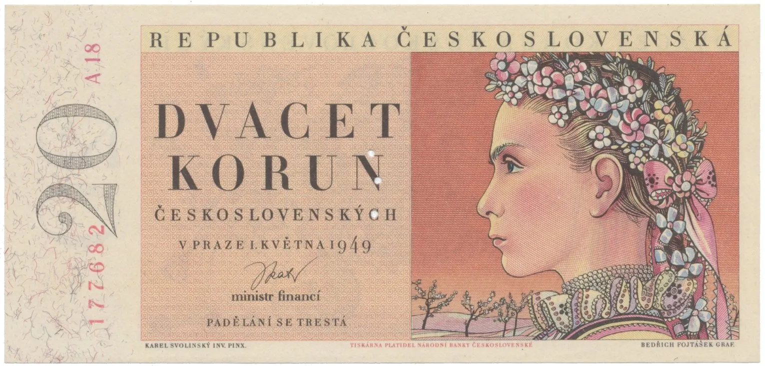 20 Koruna 1949, I. vydání, perforace 3 m.d. v obloučku, Hej.84aS2