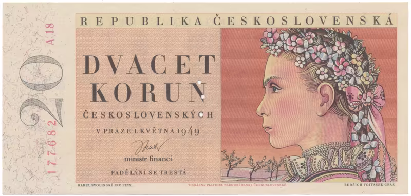 20 Koruna 1949, I. vydání, perforace 3 m.d. v obloučku, Hej.84aS2