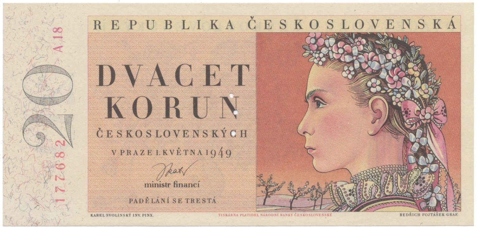 20 Koruna 1949, I. vydání, perforace 3 m.d. v obloučku, Hej.84aS2