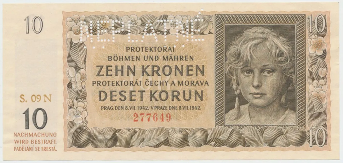 Protektorát Čechy a Morava, 10 Koruna 1942, série N, tisk Neubert, perf. 1x NEPLATNĚ, Hej.37b1.S2