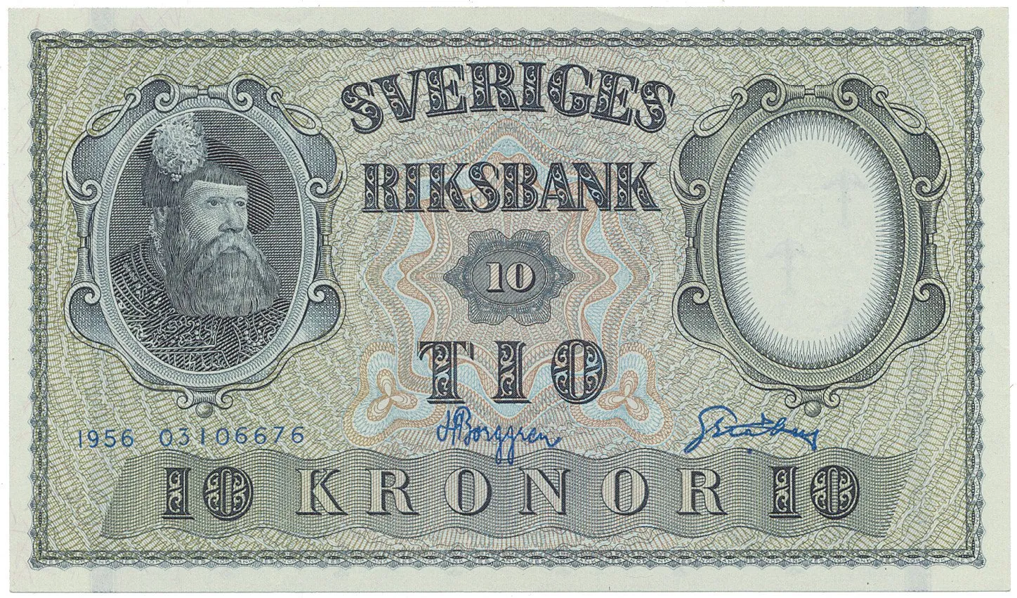 Švédsko, 10 Kronor 1956, modrý číslovač, P.43d