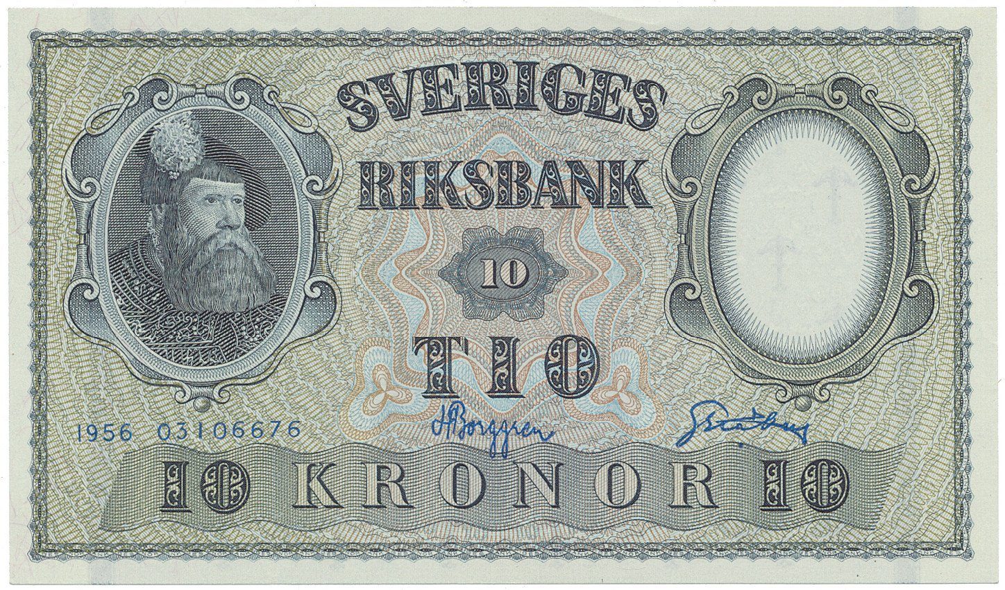 Švédsko, 10 Kronor 1956, modrý číslovač, P.43d