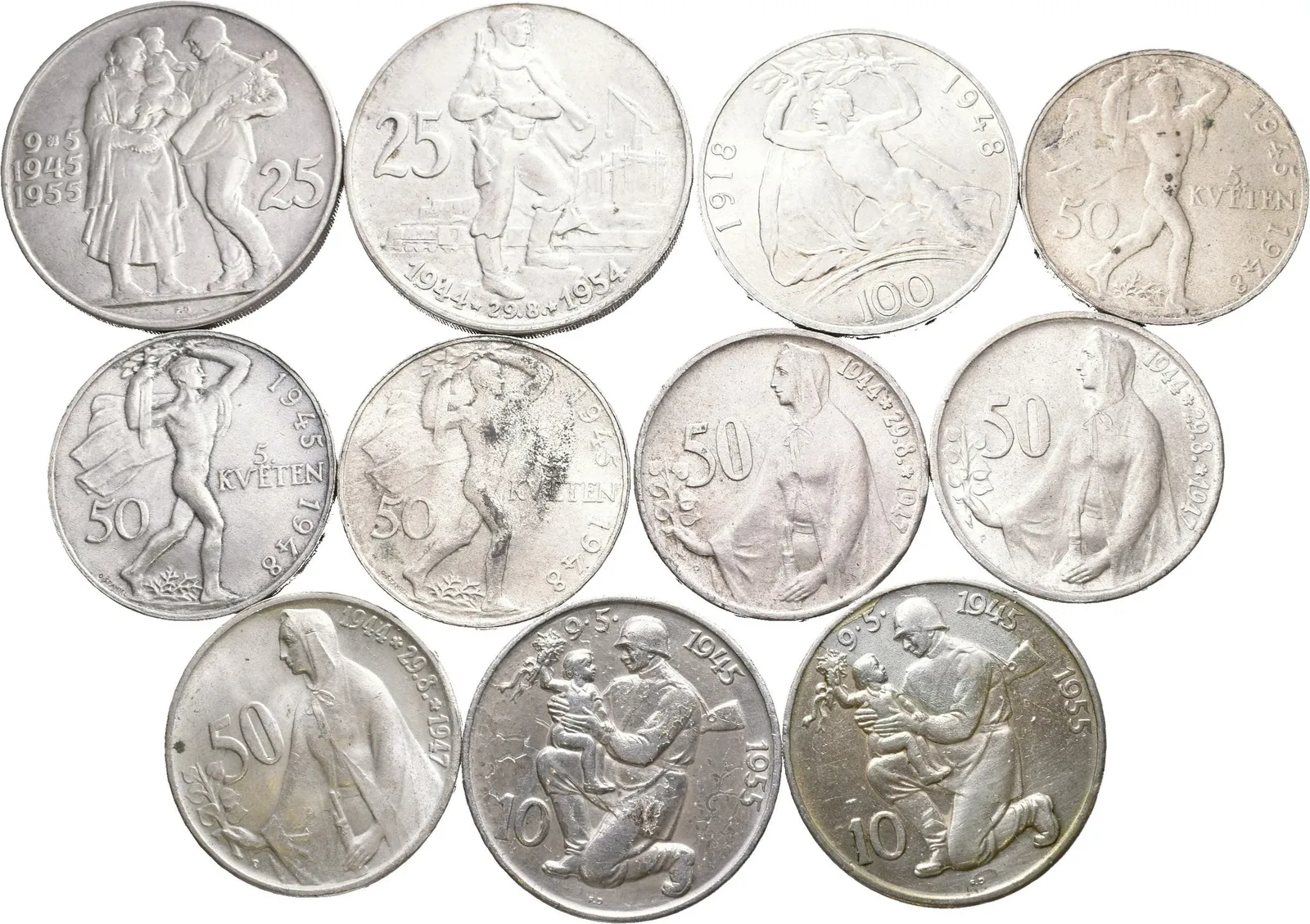 Soubor mincí 50 Kč 1947 - SNP, 1948 - Květen, 10 Kčs 1955 - Osvobození, — 1