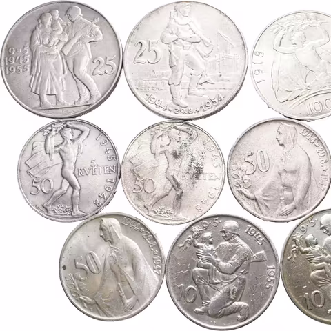 Soubor mincí 50 Kč 1947 - SNP, 1948 - Květen, 10 Kčs 1955 - Osvobození,