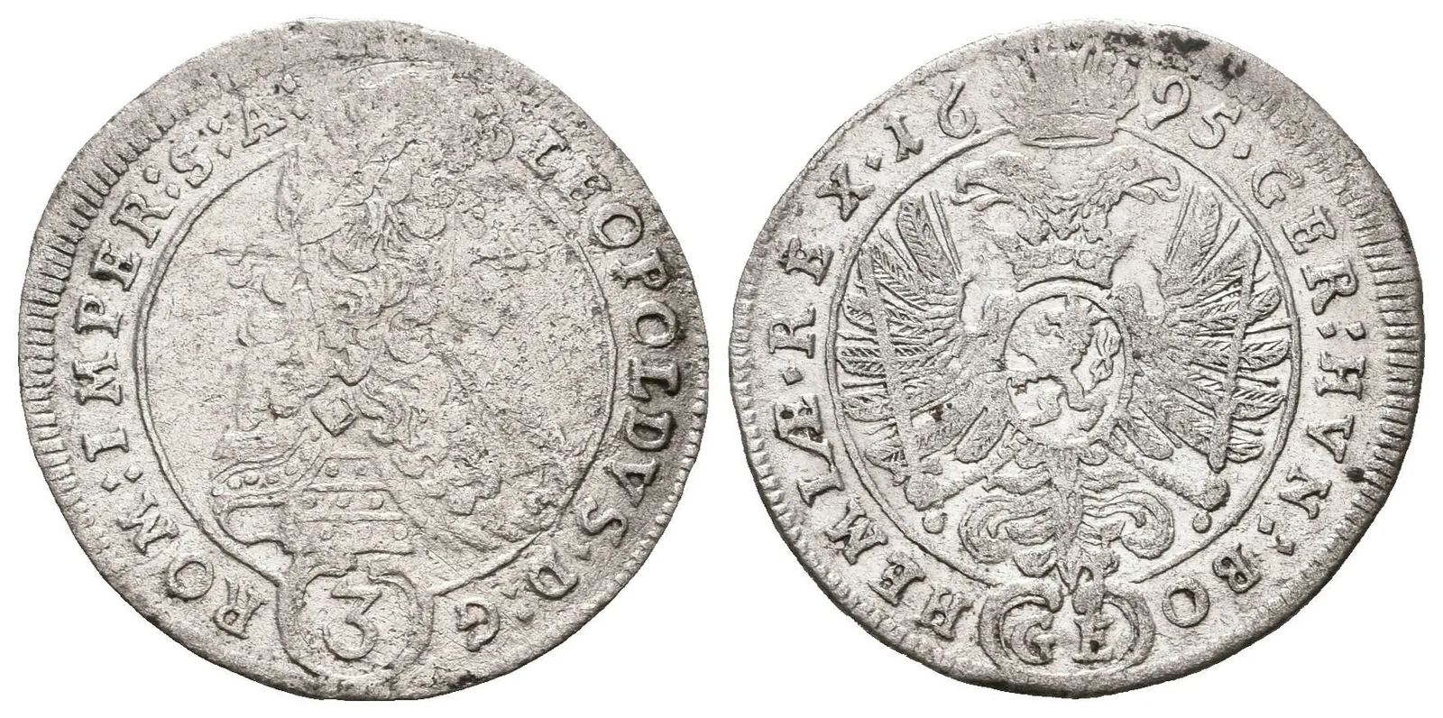 3 Krejcar 1695 GE, Praha-Egerer, Hal.1426, zbytky lesku, vady střížku, — 1
