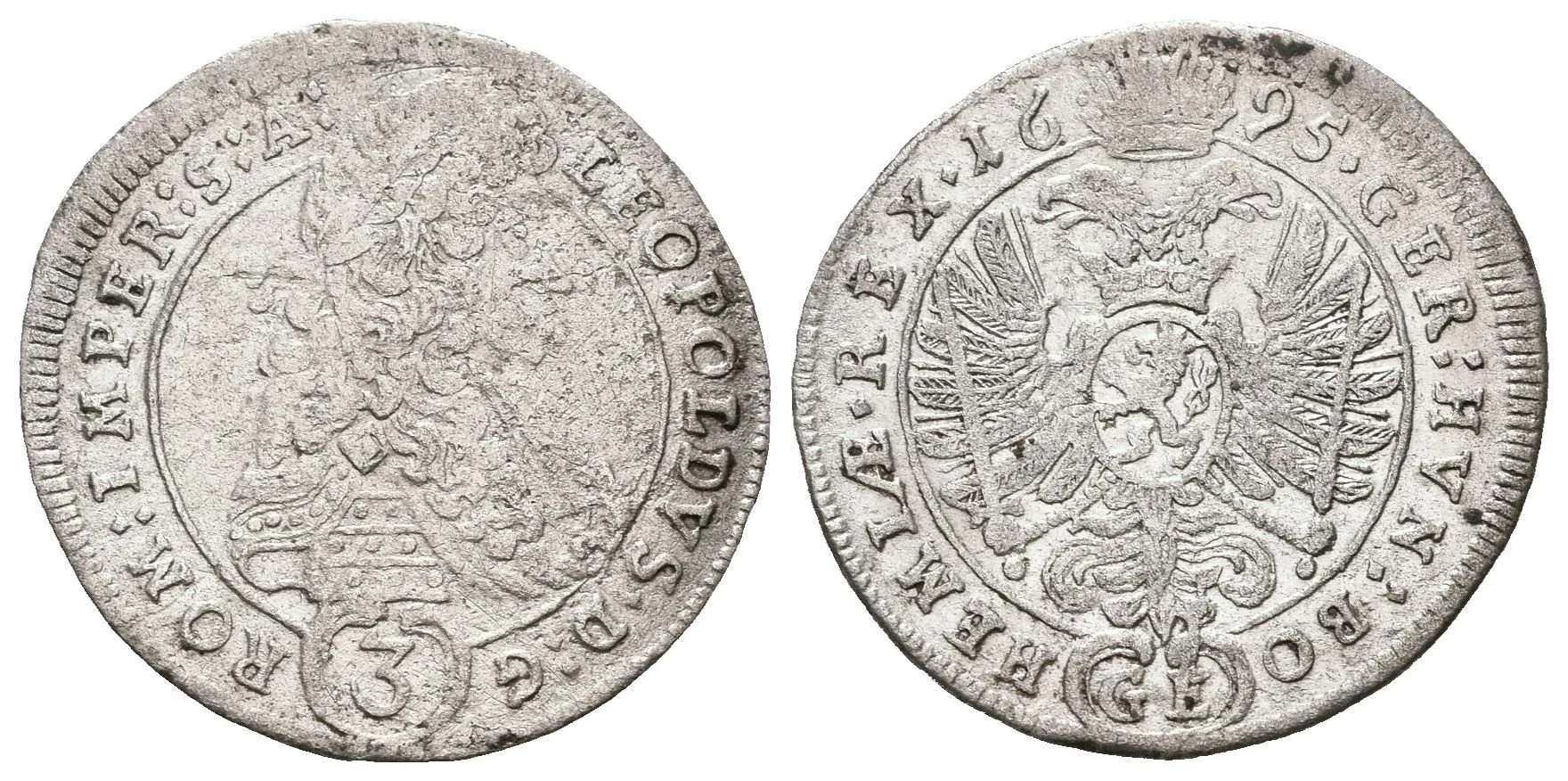3 Krejcar 1695 GE, Praha-Egerer, Hal.1426, zbytky lesku, vady střížku, — 1
