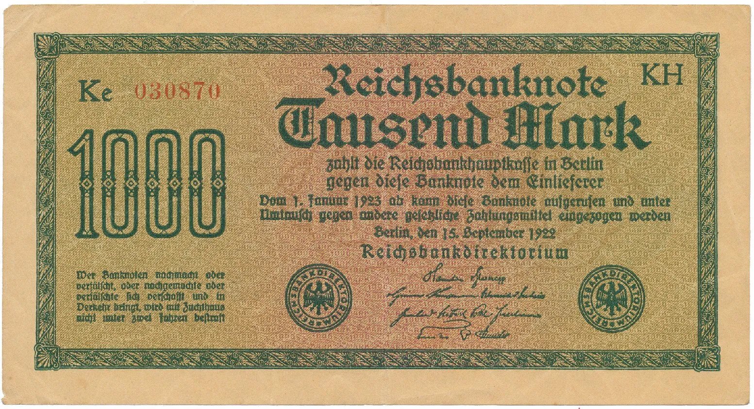Německo, 1000 Mark 1922, vod. Dornen, Ro.75d