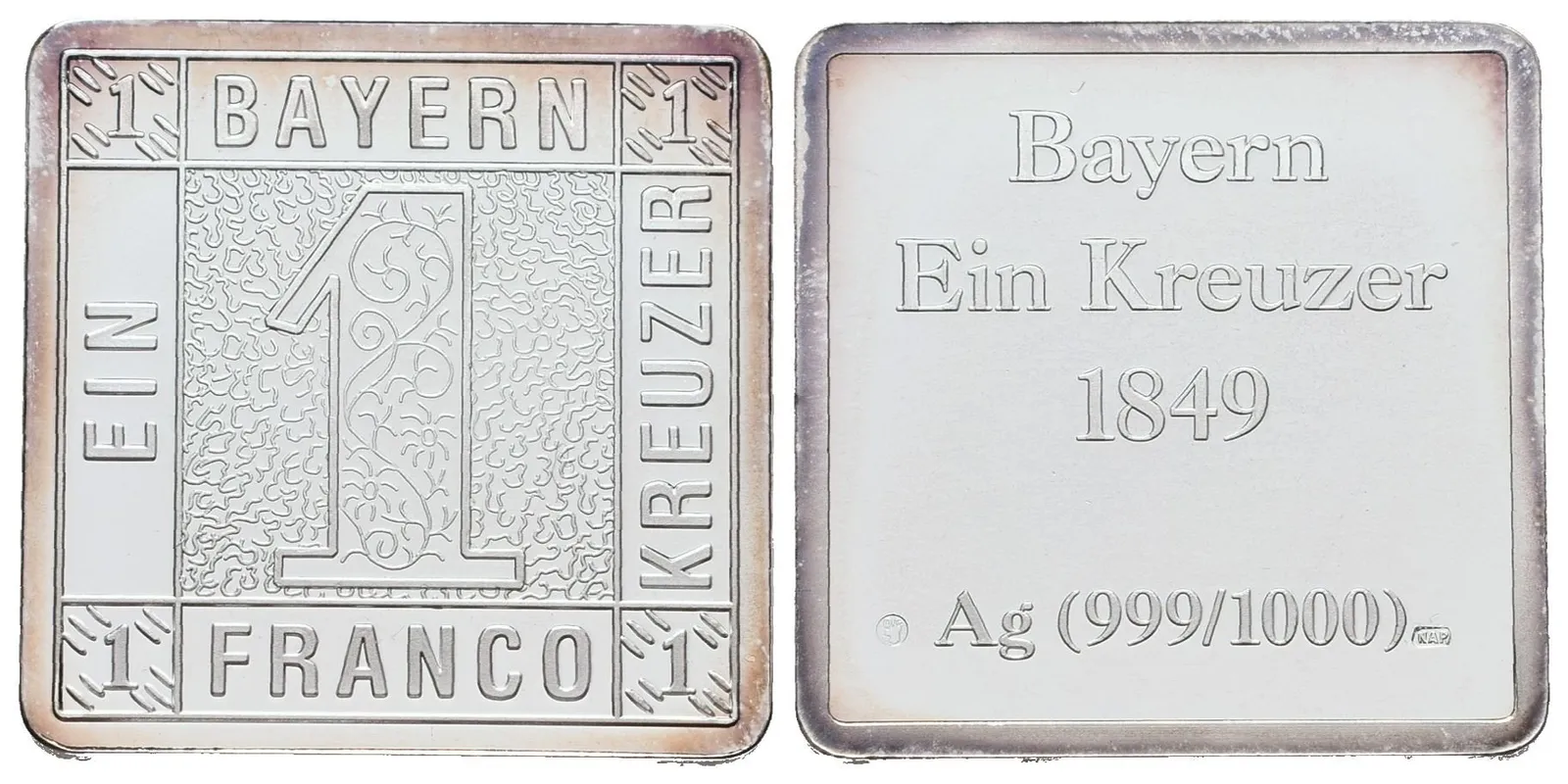 Stříbrná známka - Bavorský 'Schwarzer Einser' z roku 1849 - Ag 6 g - 999/1000