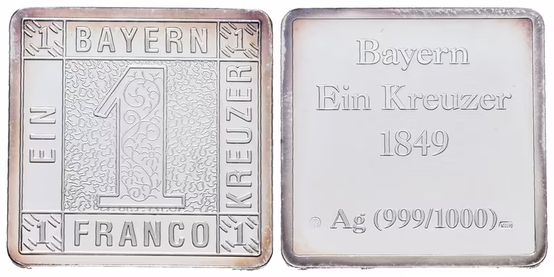 Stříbrná známka - Bavorský 'Schwarzer Einser' z roku 1849 - Ag 6 g - 999/1000