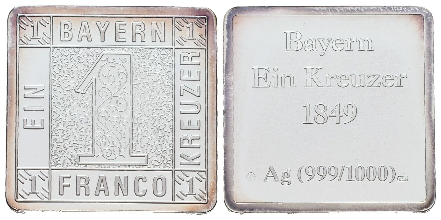 Stříbrná známka - Bavorský 'Schwarzer Einser' z roku 1849 - Ag 6 g - 999/1000