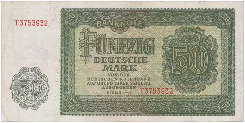 Německo - NDR, 50 DM 1948, tisk SSSR, 1 sériové písmeno, Ros.345a