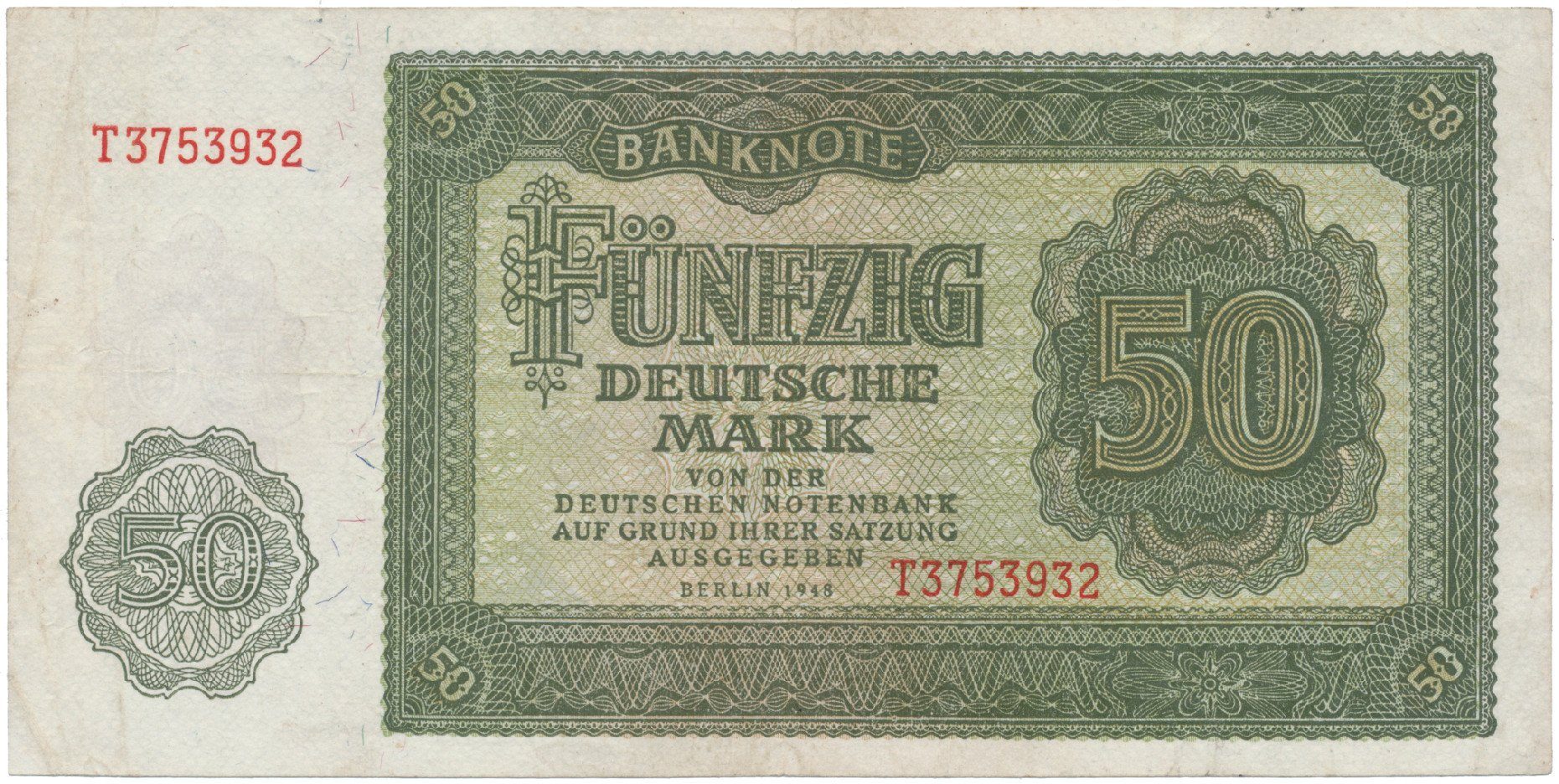 Německo - NDR, 50 DM 1948, tisk SSSR, 1 sériové písmeno, Ros.345a