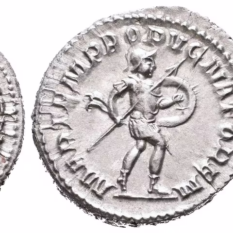Antoninian, 243 - 244, Rv: MARTEM PROPVGNATOREM, kráčející Mars doprava nese