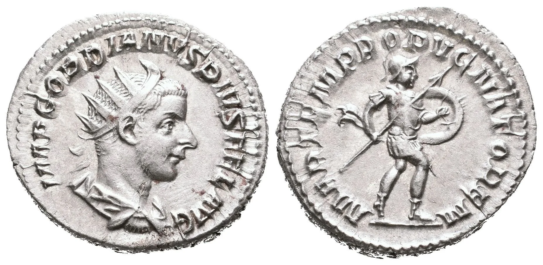 Antoninian, 243 - 244, Rv: MARTEM PROPVGNATOREM, kráčející Mars doprava nese — 1