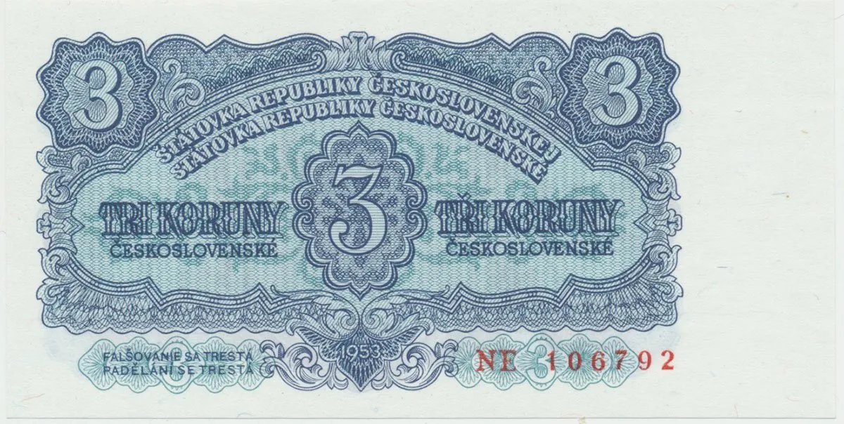 Československo, 3 Koruna 1953, tisk Praha, série NE, Hej.90b