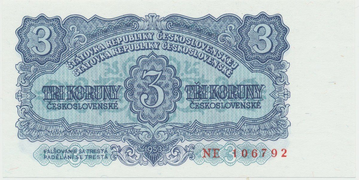 Československo, 3 Koruna 1953, tisk Praha, série NE, Hej.90b