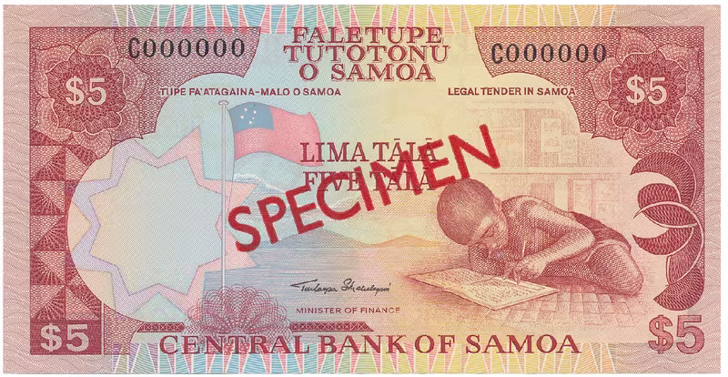 Samoa, 5 Tala (2002), bankovní vzor, C 000000, přetisk SPECIMEN, P.33as