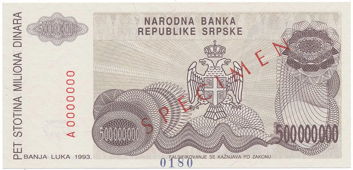 Bosna a Hercegovina, 500 Miliona Dinara 1993, bankovní vzor, A 0000000, přet. SPECIMEN, P.155s
