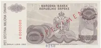 Bosna a Hercegovina, 500 Miliona Dinara 1993, bankovní vzor, A 0000000, přet. SPECIMEN, P.155s